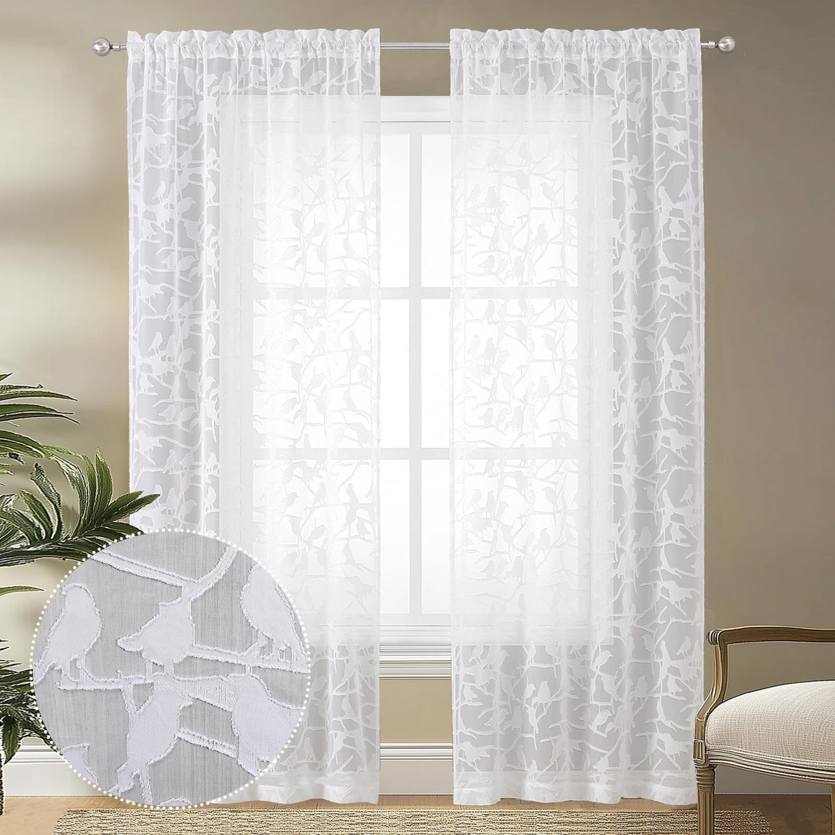 OVZME Sage Green Sheer Curtains 63 Inch Length 2 Panel Set, Light Filtering Bedroom Curtains with Dual Rod Pocket Top, Leaf Bird Clip Jacquard Sheer Farmhouse Window Drapes for Living Room, 2x38Wx63L