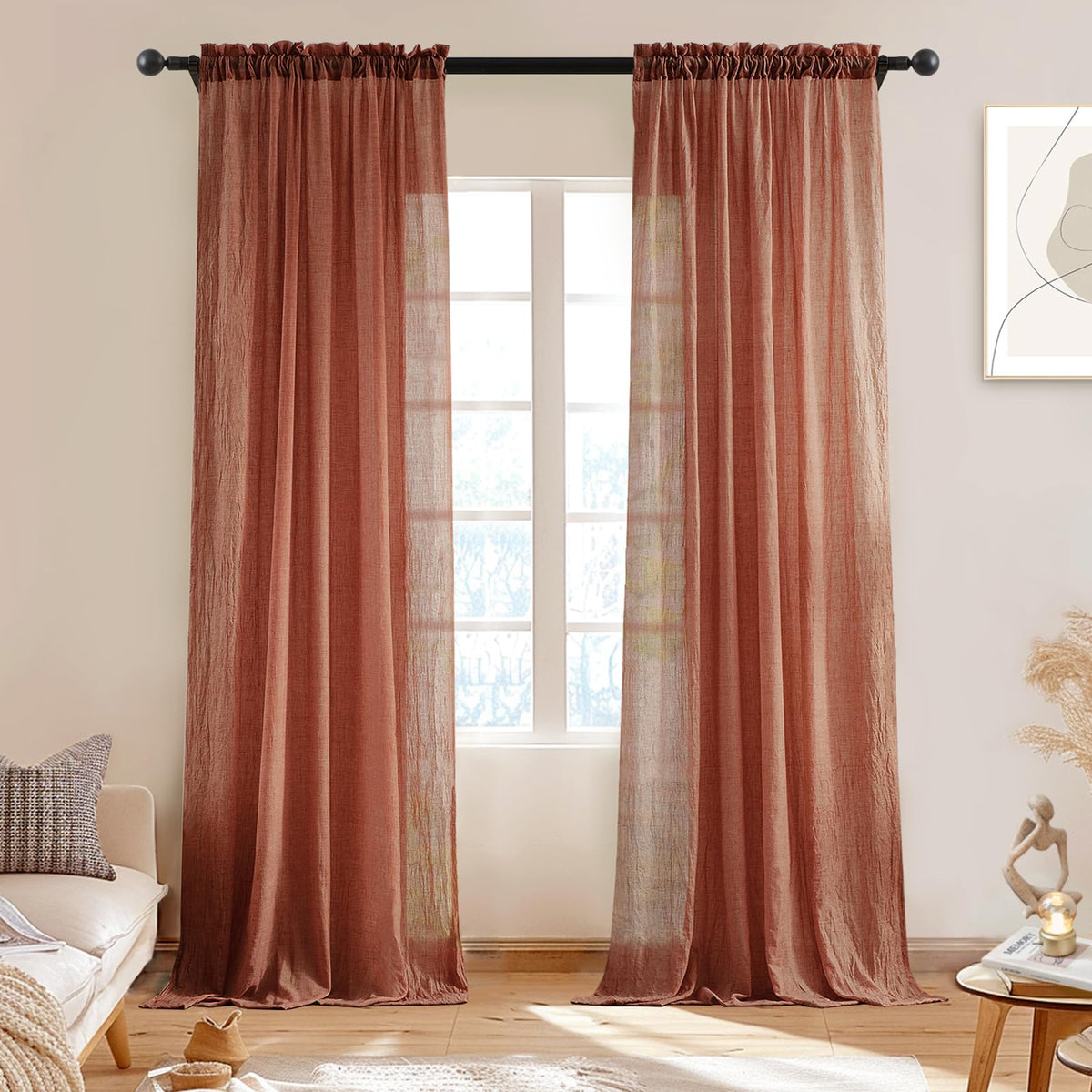 Melodieux Blush Pink Cotton Sheer Curtains 84 Inches Long, Bedroom Living Room Natural Light Filtering Crepe Voile Drapes Rustic Crinkle Linen Sheer Curtains Rod Pocket, 52" W x 84" L, 2 Panels