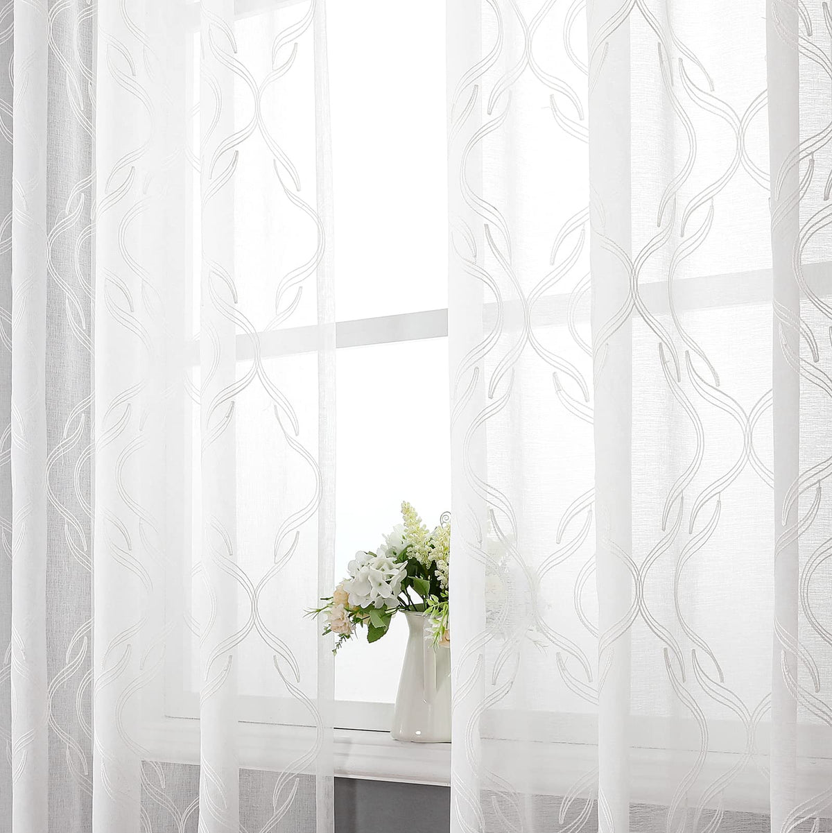 VISIONTEX White Sheer Curtains Grey Moroccan Embroidered 63 Inch Length