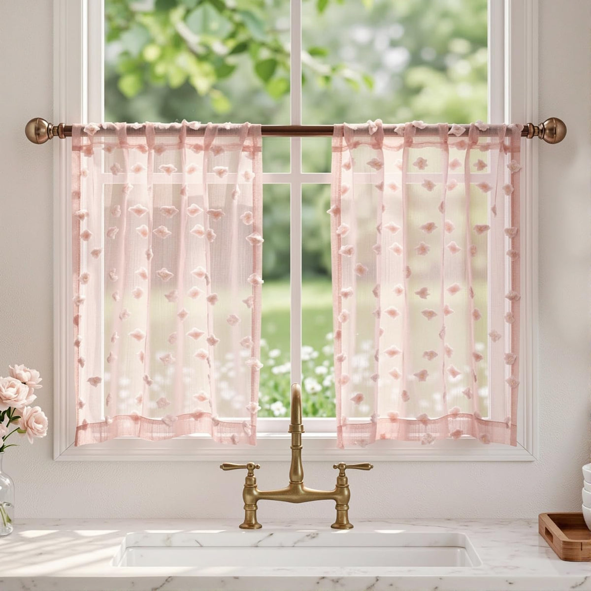 MYSKY HOME Beige Boho Sheer Curtains with Cream Pom Pom 50Wx84L,2 Panels