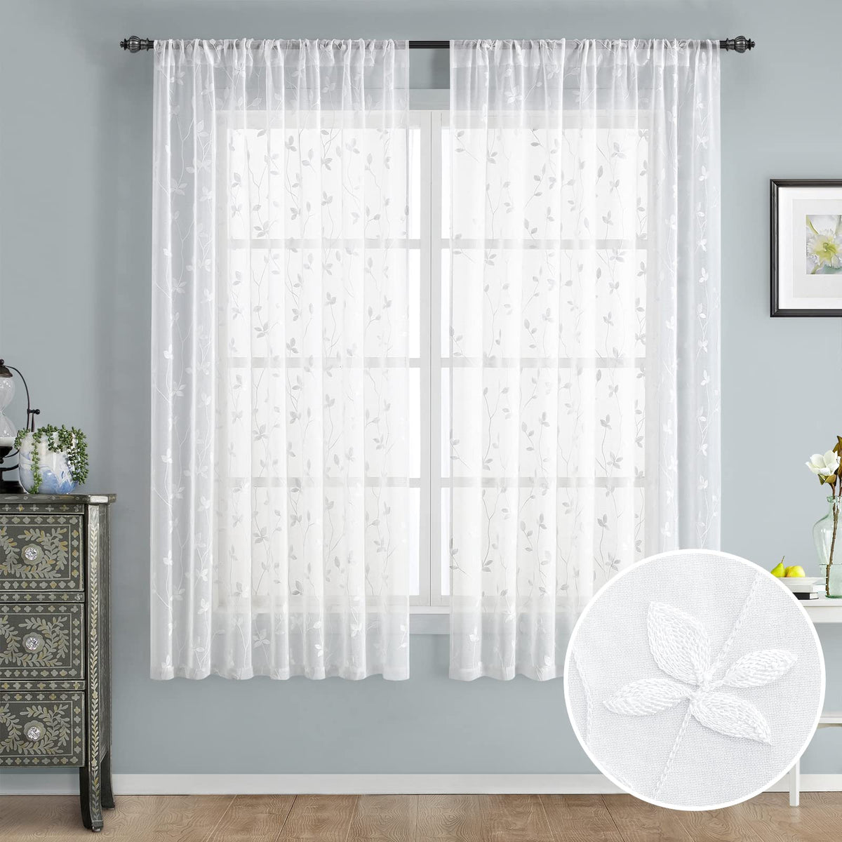 HOMEIDEAS Sage Green Sheer Curtains Leaf Embroidered, 52x84 Inch, 2 Panels