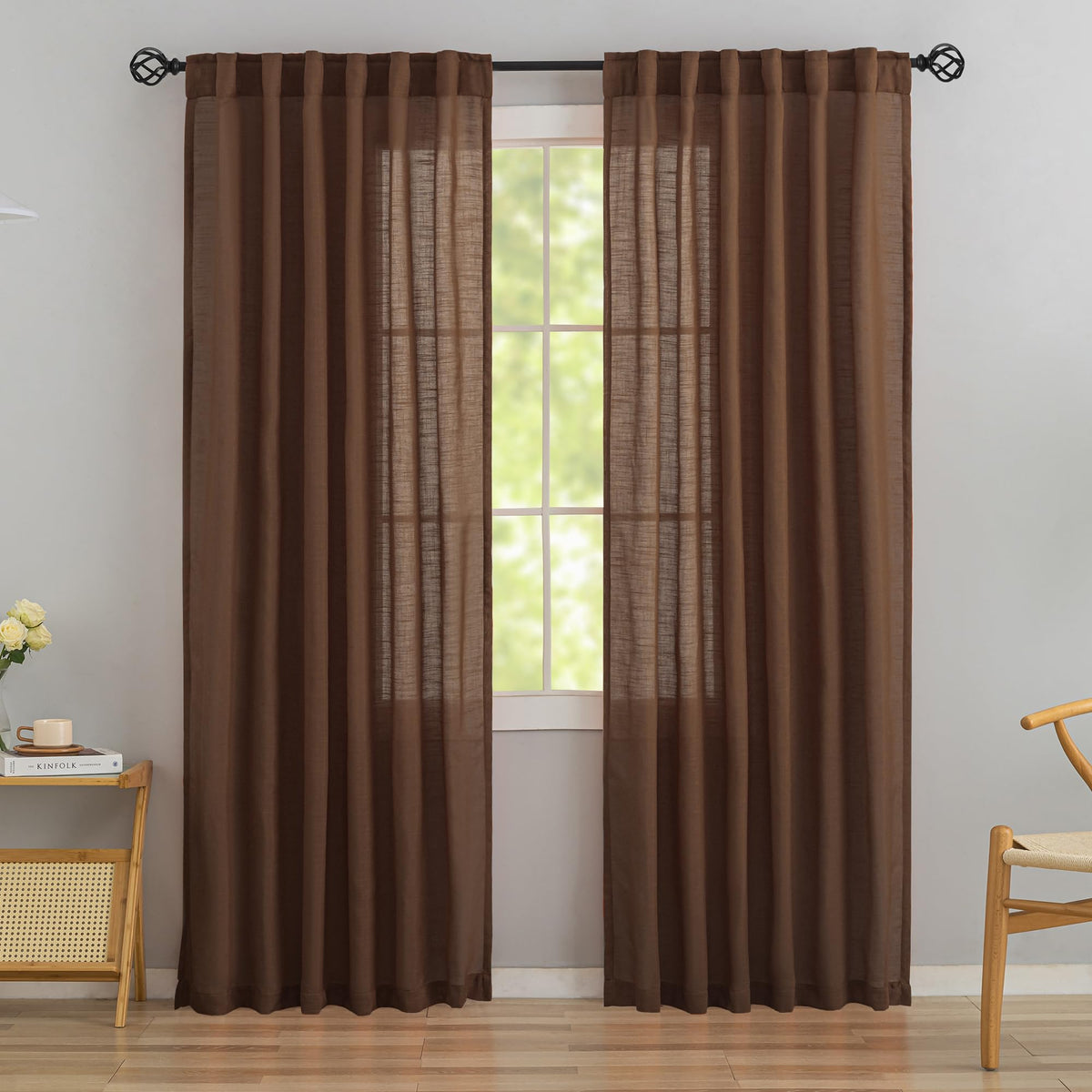 Natural Linen 144 Inch Length Curtains for Tall Floor Ceiling Villa Living Room -Cream Ivory Bak Tab Hooks Pleated Easy Open Sliding Semi Sheer 144 inch Extra Long 2 Story Window Curtains,12 Foot