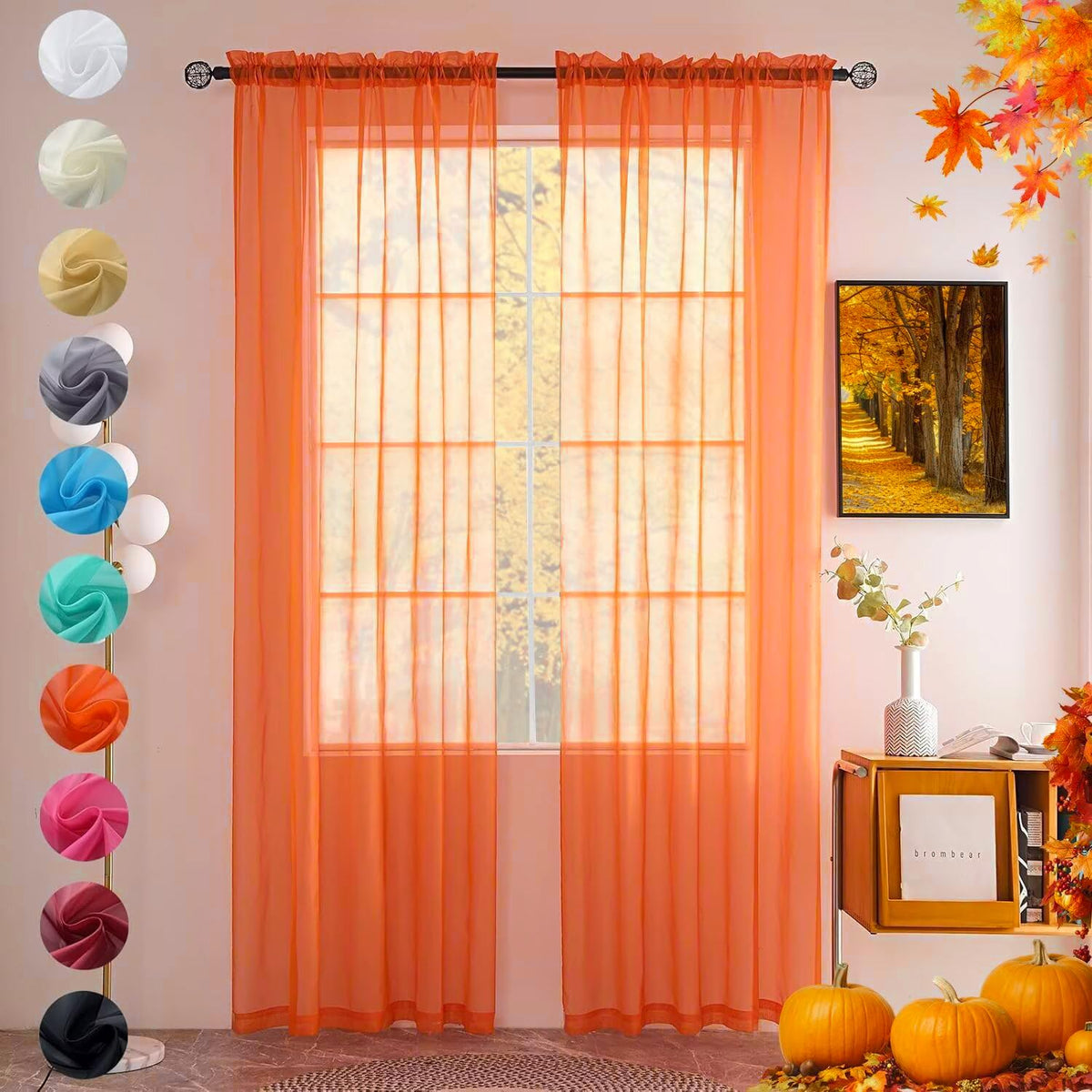 youleyar Solid Sheer Rod Pocket Curtain Voile Draperies 2 Panels White Beige Black Grey Coffee 52 Inch Width 84 Inch Long 1 Pair for Kitchen Bedroom Children Living Room Yard (Orange,52Wｘ84L)