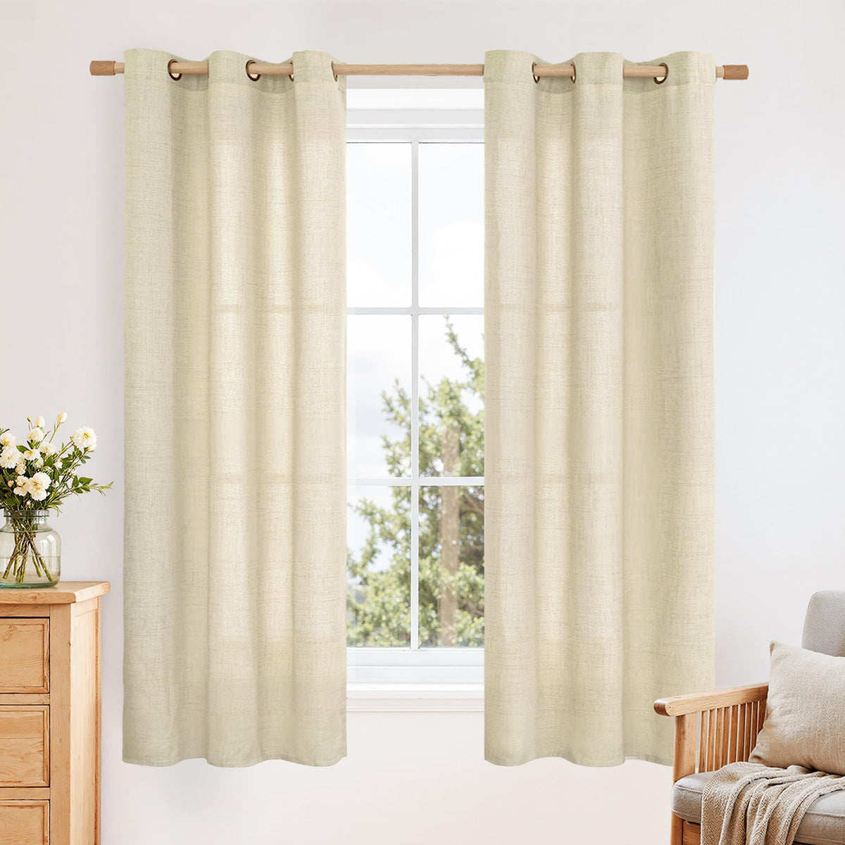 YoungsTex Linen Semi Sheer Curtains 63 Inch Length, Light Filtering Drapes