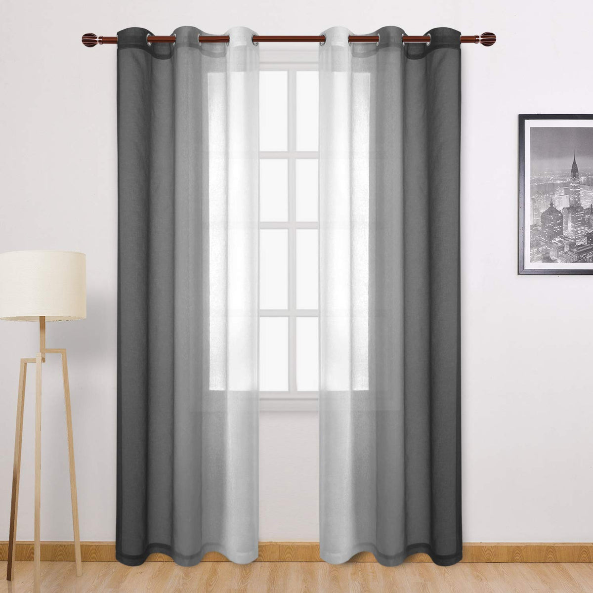 DWCN Blue Linen Ombre Sheer Curtains - Semi Voile Gradient Grommet Top Curtains for Bedroom and Living Room, Set of 2 Window Curtain Panels, 52 x 84 Inches Long, Denim Blue