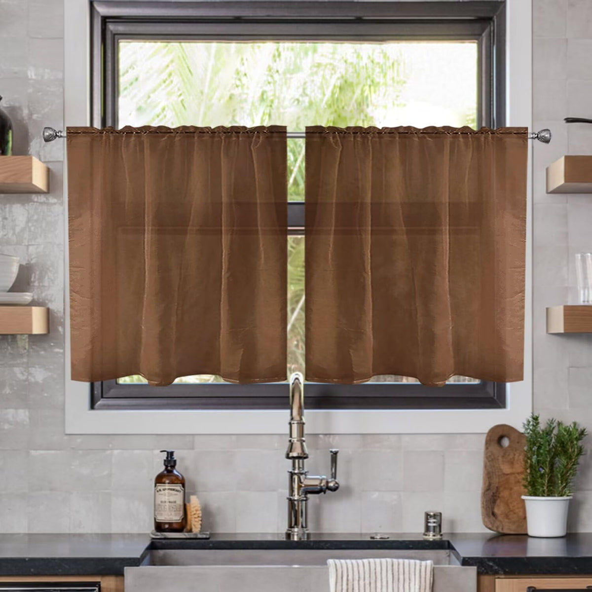 youleyar Solid Sheer Rod Pocket Curtain Voile Draperies 2 Panels White Beige Black Grey Coffee 52 Inch Width 84 Inch Long 1 Pair for Kitchen Bedroom Children Living Room Yard (Orange,52Wｘ84L)