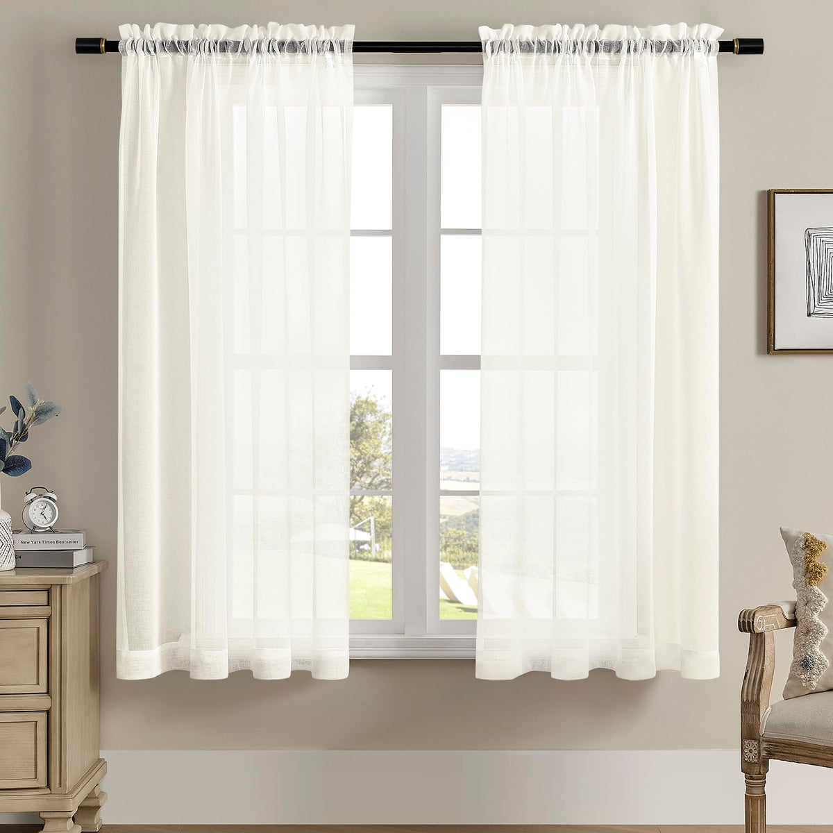 MYSTIC-HOME Sheer Curtains White 63 Inch Length, Rod Pocket Voile Drapes for Living Room, Bedroom, Window Treatments Semi Crinkle Curtain Panels for Yard, Patio, Villa, Parlor, Set of 2, 52"x 63"