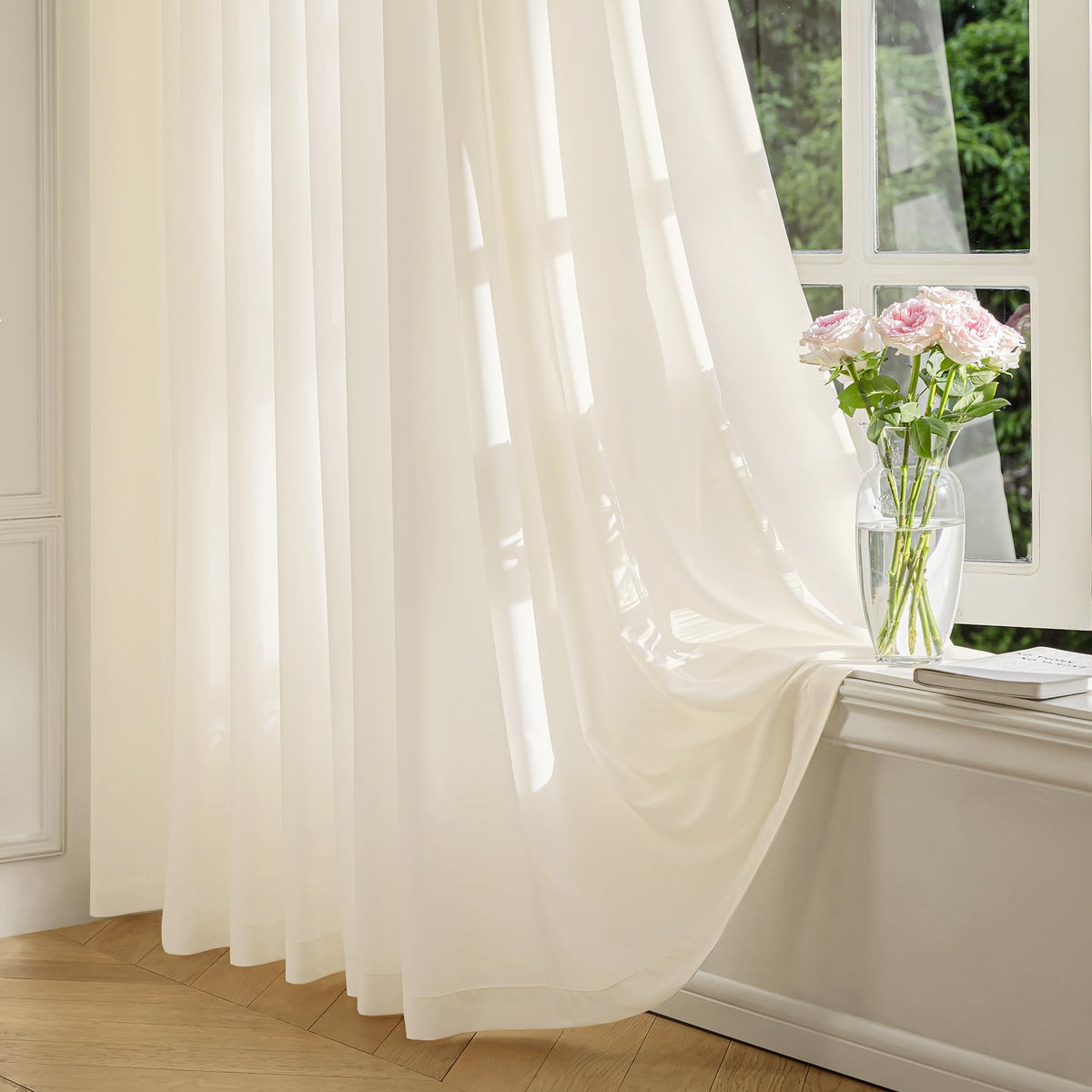 FMFUNCTEX Cream Sheer Curtains, 90 Inch, Rod Pocket, 2 Panels for Bedroom
