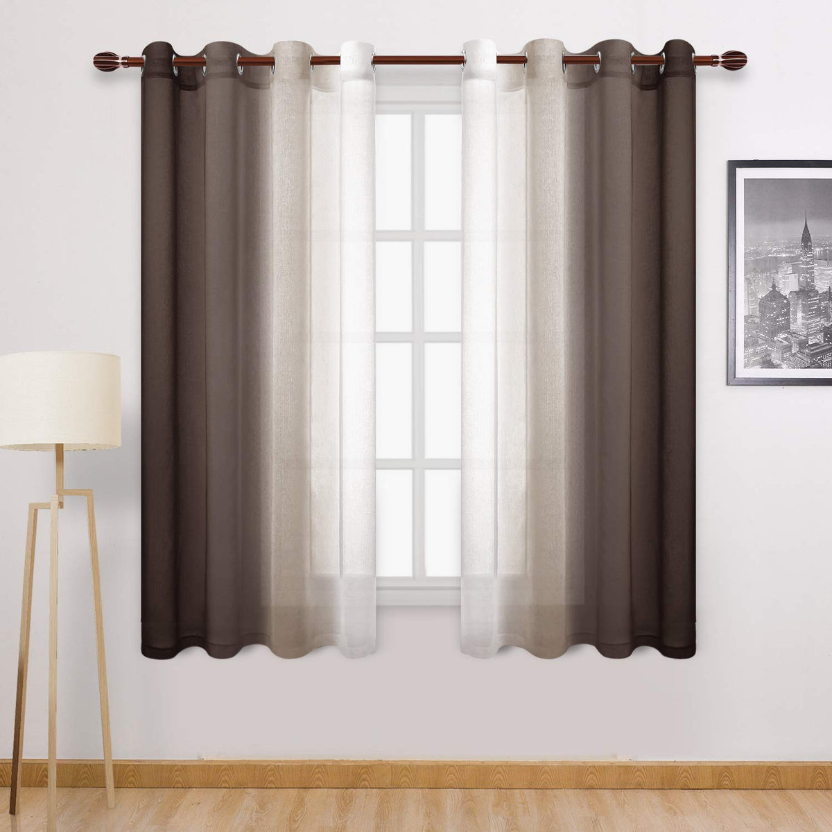 DWCN Blue Linen Ombre Sheer Curtains - Semi Voile Gradient Grommet Top Curtains for Bedroom and Living Room, Set of 2 Window Curtain Panels, 52 x 84 Inches Long, Denim Blue