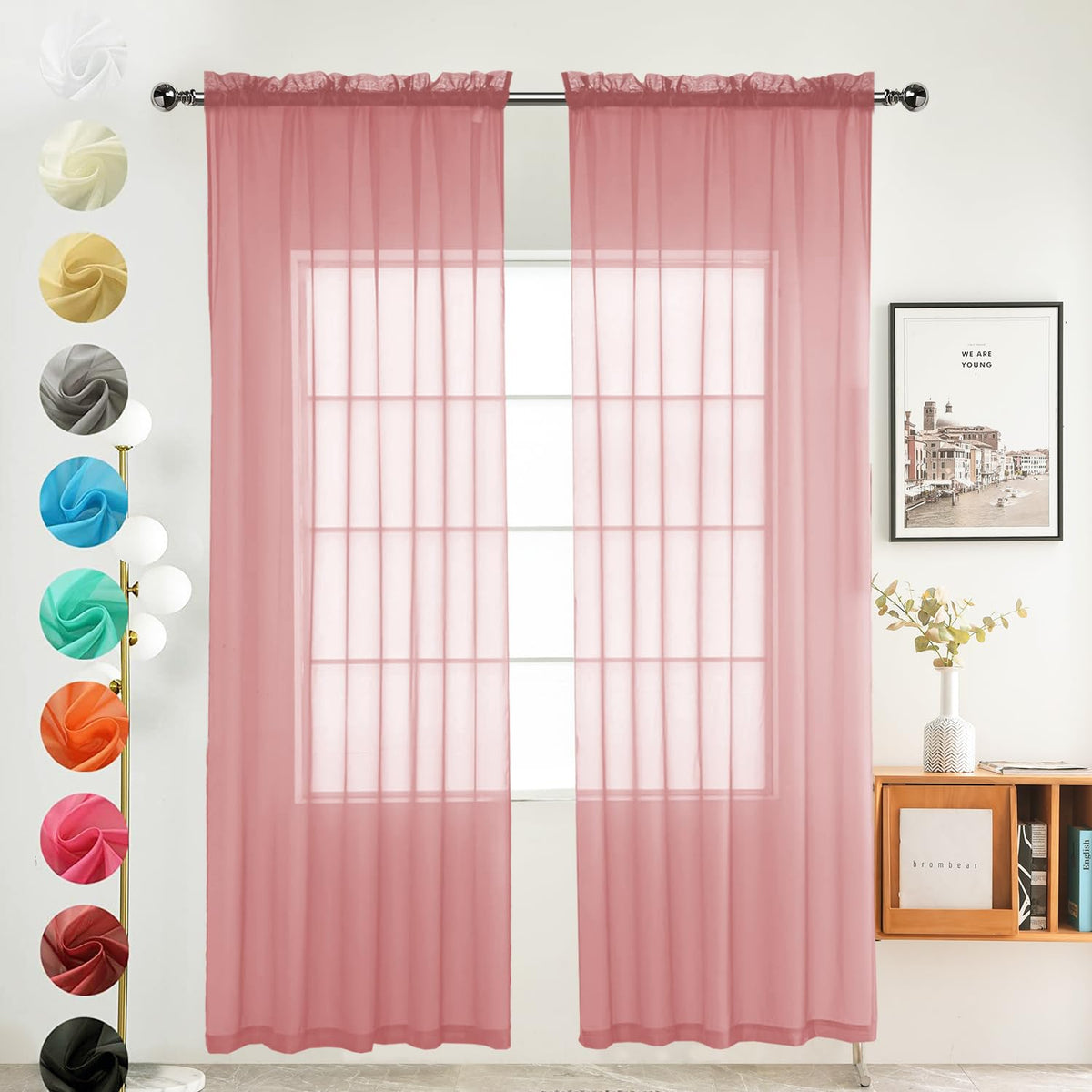 youleyar Solid Sheer Rod Pocket Curtain Voile Draperies 2 Panels White Beige Black Grey Coffee 52 Inch Width 84 Inch Long 1 Pair for Kitchen Bedroom Children Living Room Yard (Orange,52Wｘ84L)