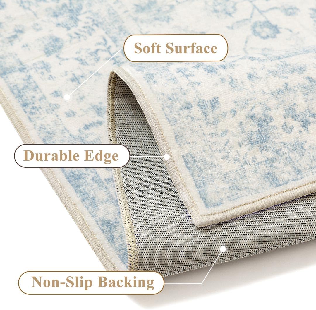 PureCozy 8x10 Blue Area Rug Washable Non Slip Large Vintage Living Room