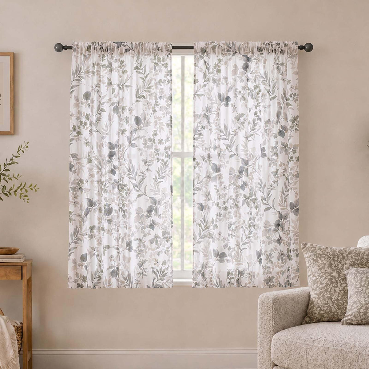 OWENIE Crushed Sheer Curtains 63 Inch Length 2 Panels Set, Sheer Floral Curtians with Printed Leaves Design, Printing Drapes for Living Room, Rod Pocket Light Filtering Window Sheers 42" W x 63" L