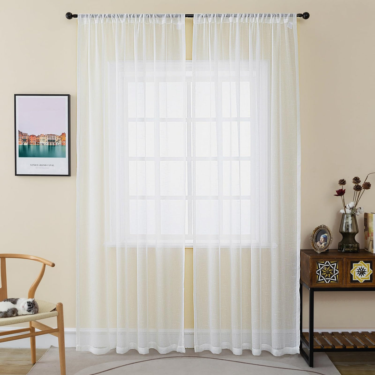 Off White Sheer Curtains 108 Inches Long Pinch Pleat Linen Textured Ceiling