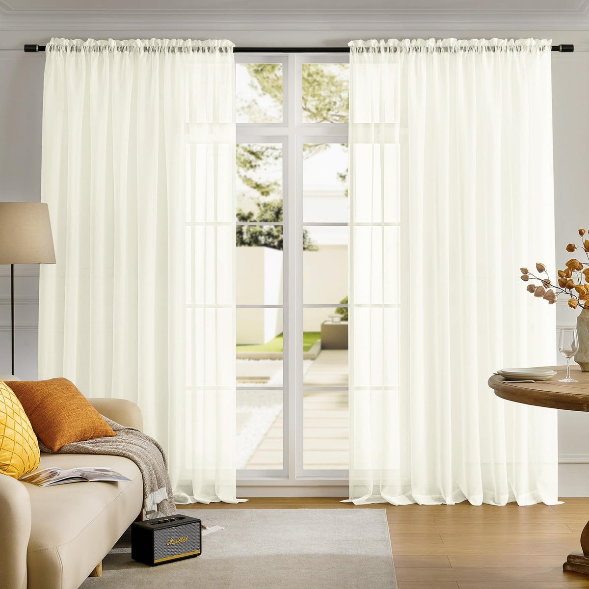 MYSTIC-HOME Sheer Curtains White 63 Inch Length, Rod Pocket Voile Drapes for Living Room, Bedroom, Window Treatments Semi Crinkle Curtain Panels for Yard, Patio, Villa, Parlor, Set of 2, 52"x 63"