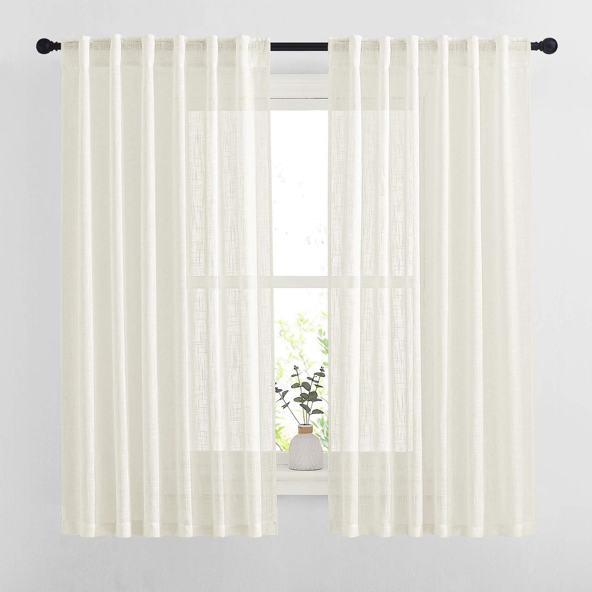NICETOWN White Linen Sheer Curtains and Drapes 84 inches Long, Rod Pocket & Back Tab semitransparent with Light Through Vertical Window Treatments for Sliding Glass Door & Living Room, 52"W, Set of 2