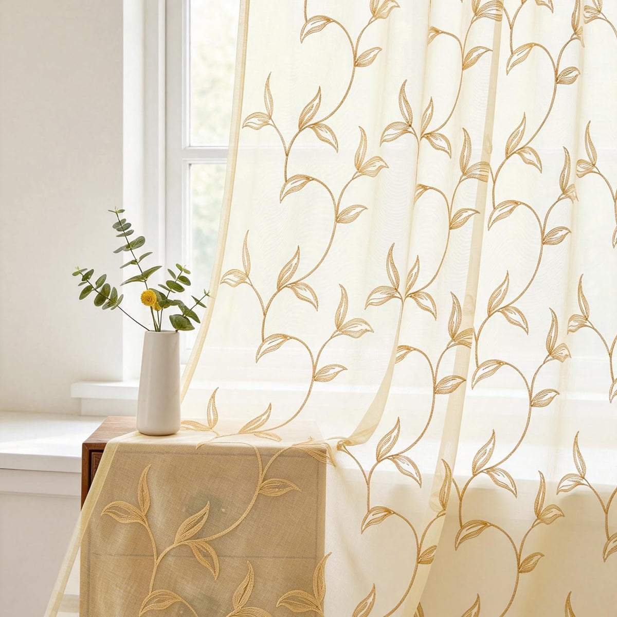 VISIONTEX Sheer Curtains Boho Leaf Floral Embroidered Cream Beige 54Wx84L