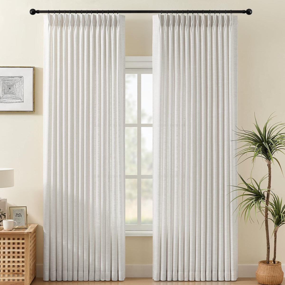 Pinch Pleated Linen Curtains 96 Inches Semi Sheer Light Filtering, 2 Panels