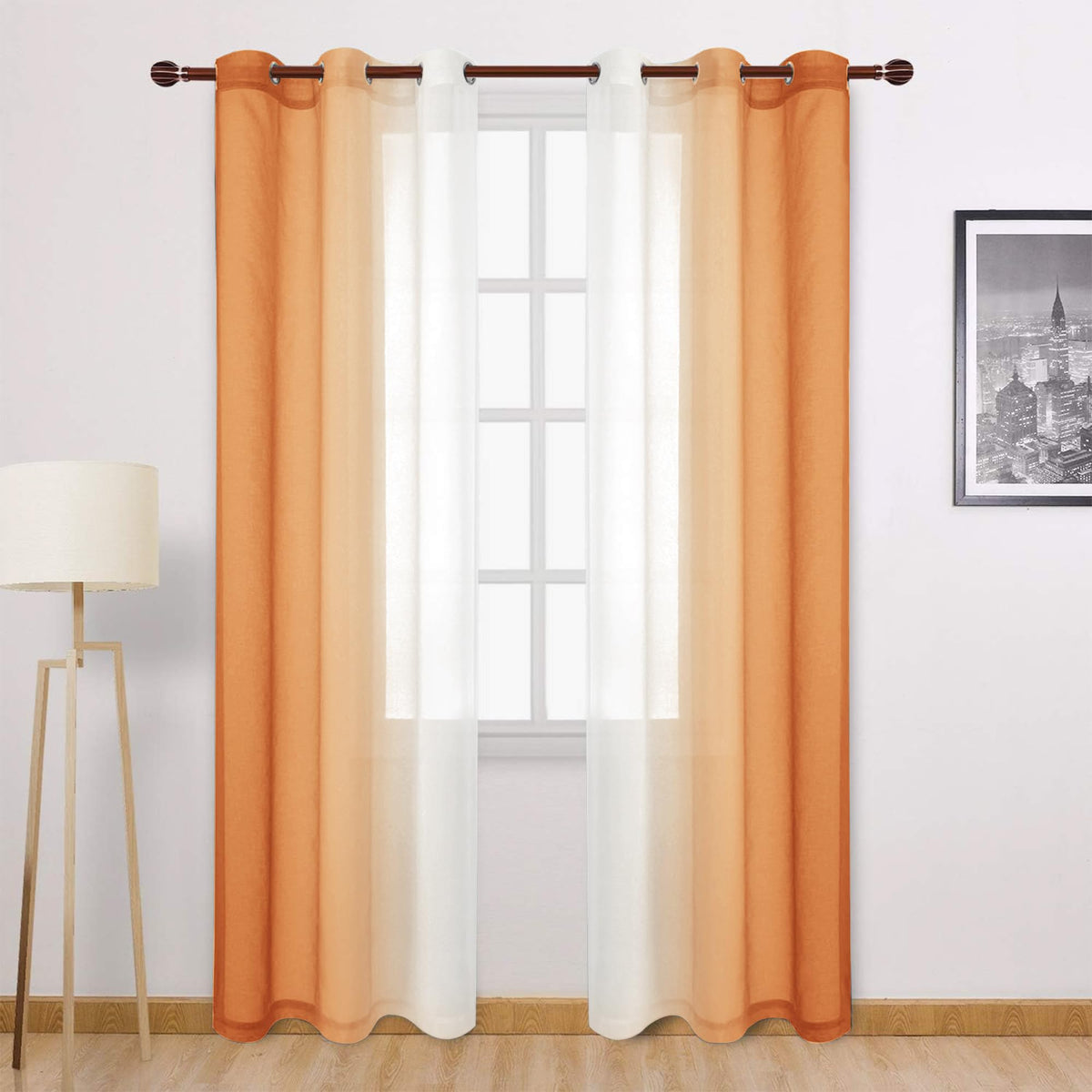 DWCN Blue Linen Ombre Sheer Curtains - Semi Voile Gradient Grommet Top Curtains for Bedroom and Living Room, Set of 2 Window Curtain Panels, 52 x 84 Inches Long, Denim Blue
