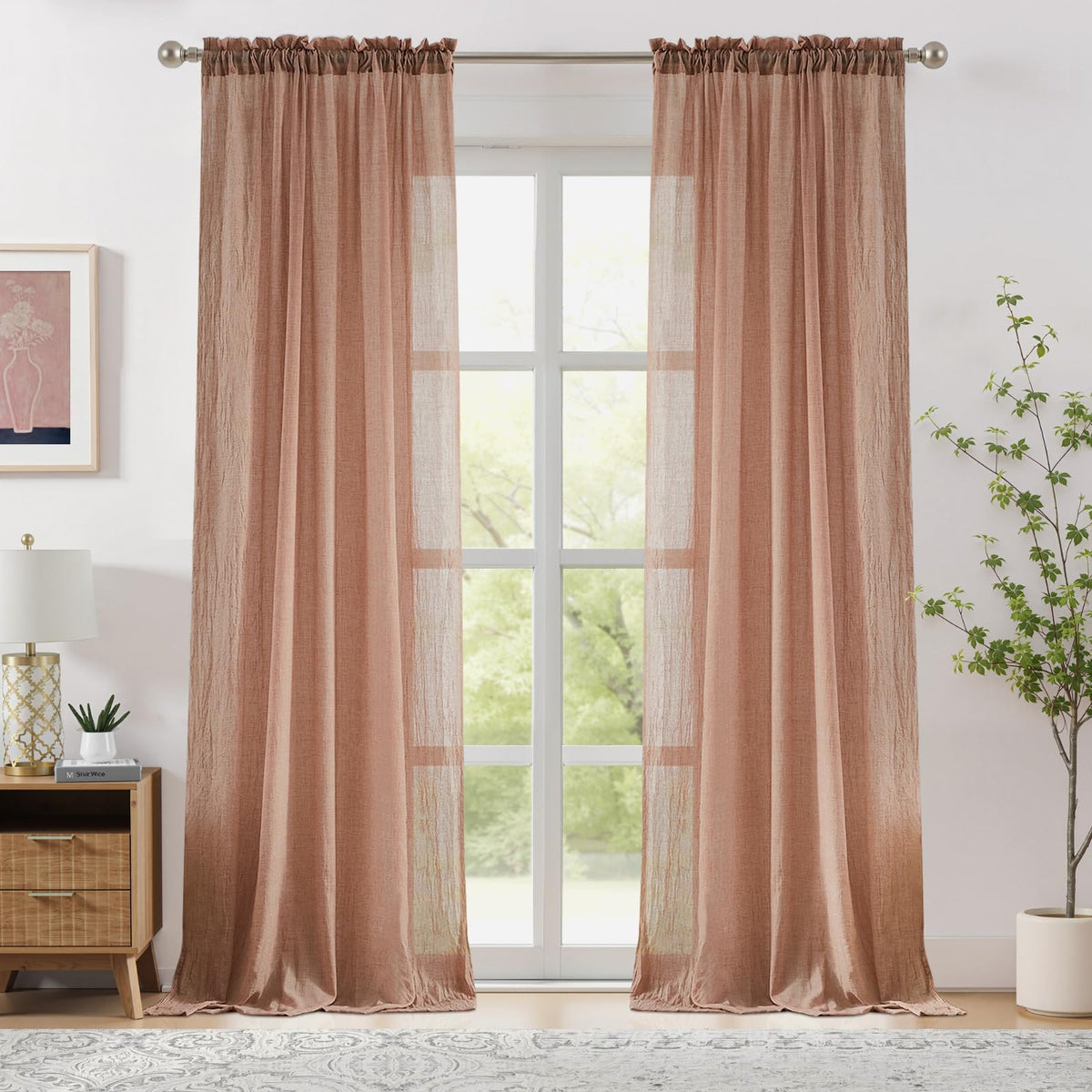 Melodieux Blush Pink Cotton Sheer Curtains 84 Inches Long, Bedroom Living Room Natural Light Filtering Crepe Voile Drapes Rustic Crinkle Linen Sheer Curtains Rod Pocket, 52" W x 84" L, 2 Panels