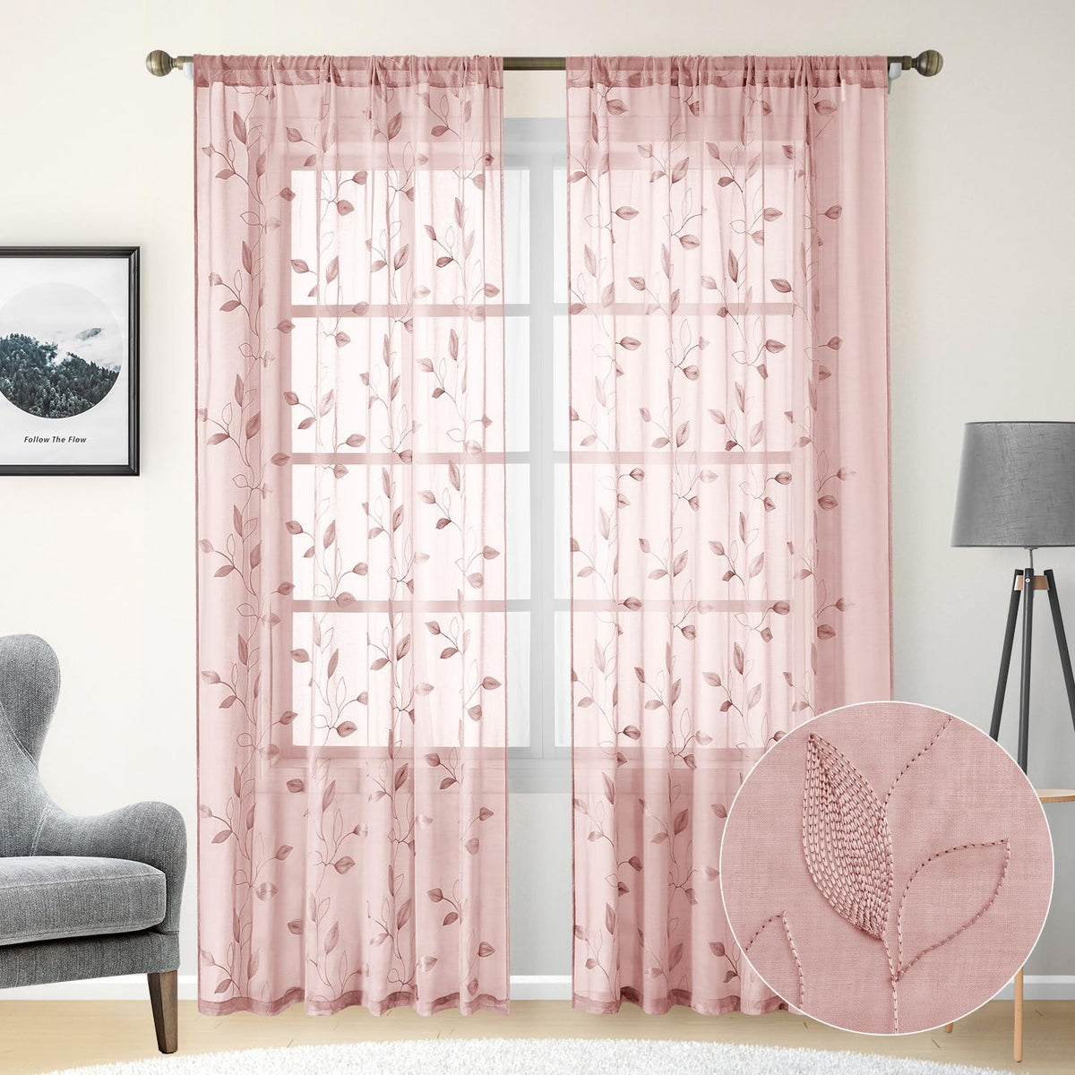 HOMEIDEAS Sage Green Sheer Curtains Leaf Embroidered, 52x84 Inch, 2 Panels