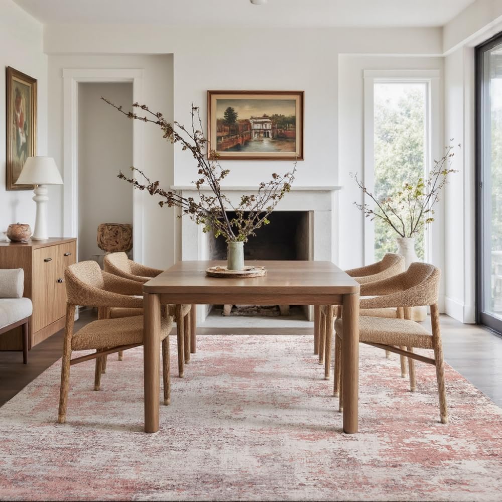 8x10 Pink Gray Washable Area Rug for Living Room, Vintage Print