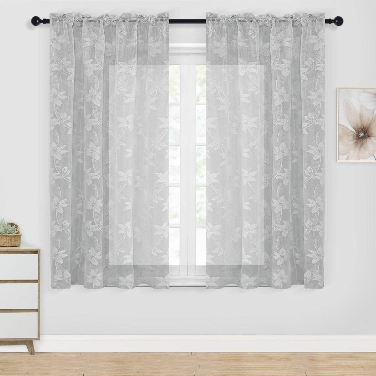 DWCN White Sheer Curtains - Short Curtains Floral Lace Design Rod Pocket Window Voile Sheer Drapes for Bedroom Kitchen Small Window 42 x 54 inch Length, 2 Panels White