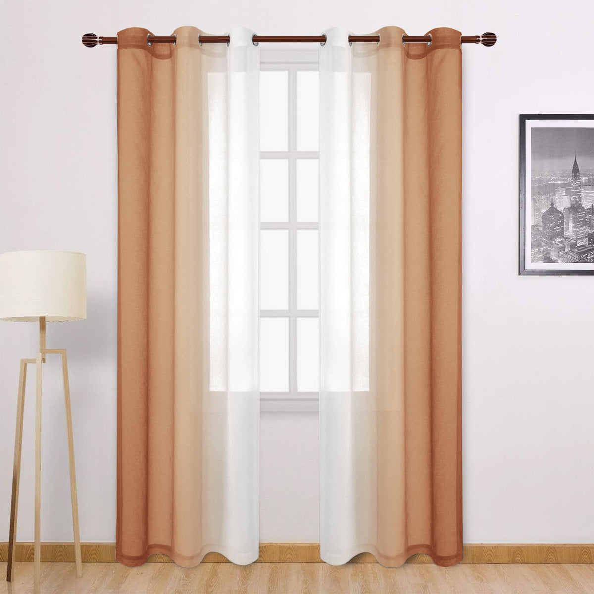 DWCN Blue Linen Ombre Sheer Curtains - Semi Voile Gradient Grommet Top Curtains for Bedroom and Living Room, Set of 2 Window Curtain Panels, 52 x 84 Inches Long, Denim Blue