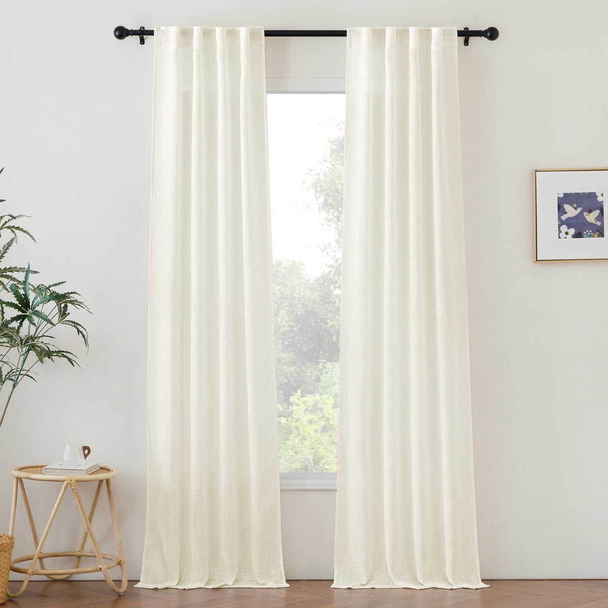 NICETOWN White Linen Sheer Curtains and Drapes 84 inches Long, Rod Pocket & Back Tab semitransparent with Light Through Vertical Window Treatments for Sliding Glass Door & Living Room, 52"W, Set of 2