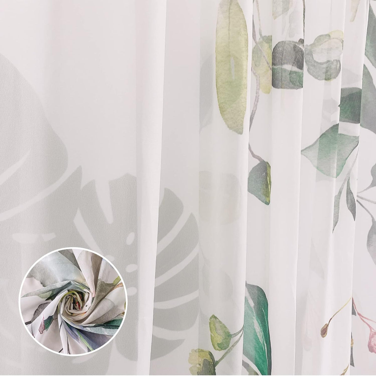 Green Eucalyptus Leaves Sheer Curtains for Living Room 84 inch Length 2 Panels Set Elegant Wild Flower Floral Spring Printed Window Curtain Natural Chiffon Drapes for Bedroom