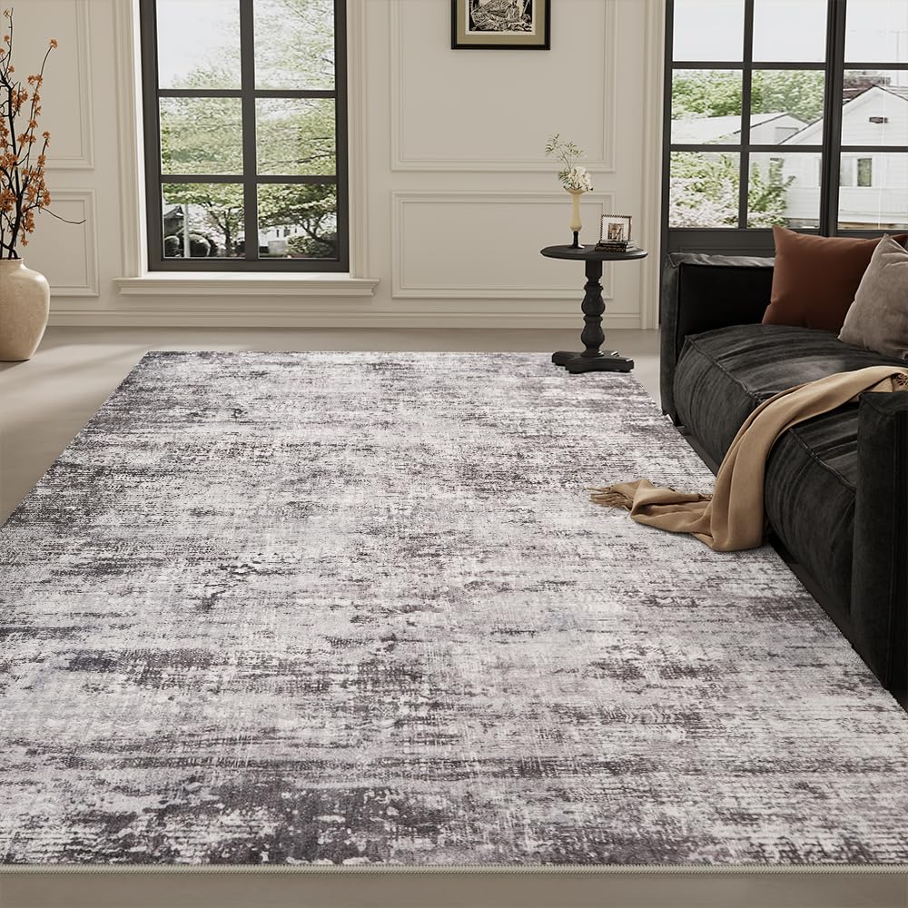 8x10 Pink Gray Washable Area Rug for Living Room, Vintage Print