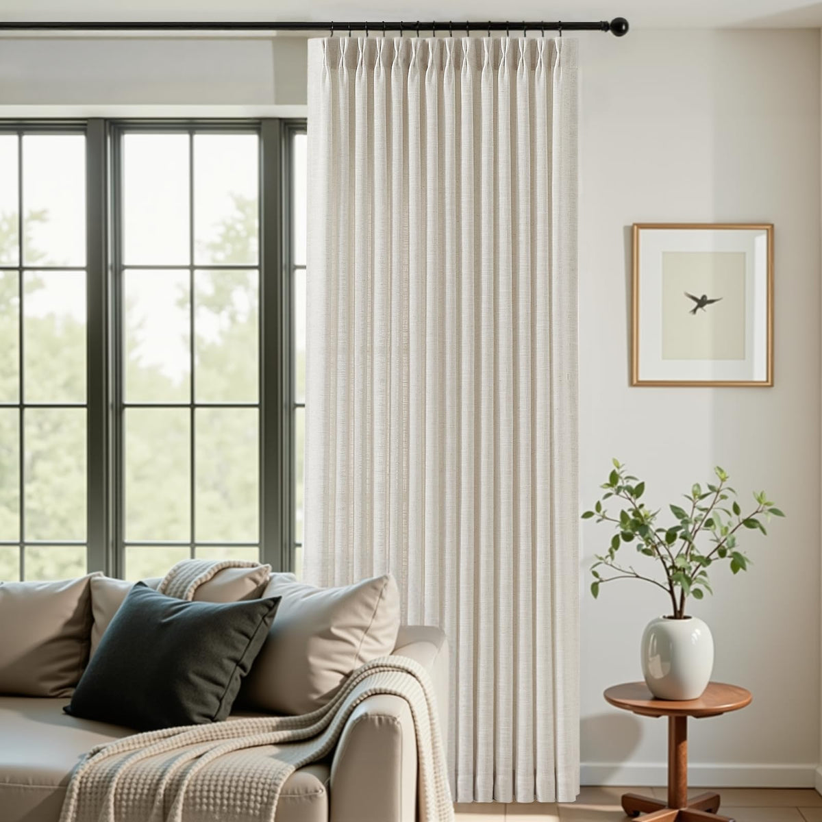 Pinch Pleated Linen Curtains 96 Inches Semi Sheer Light Filtering, 2 Panels