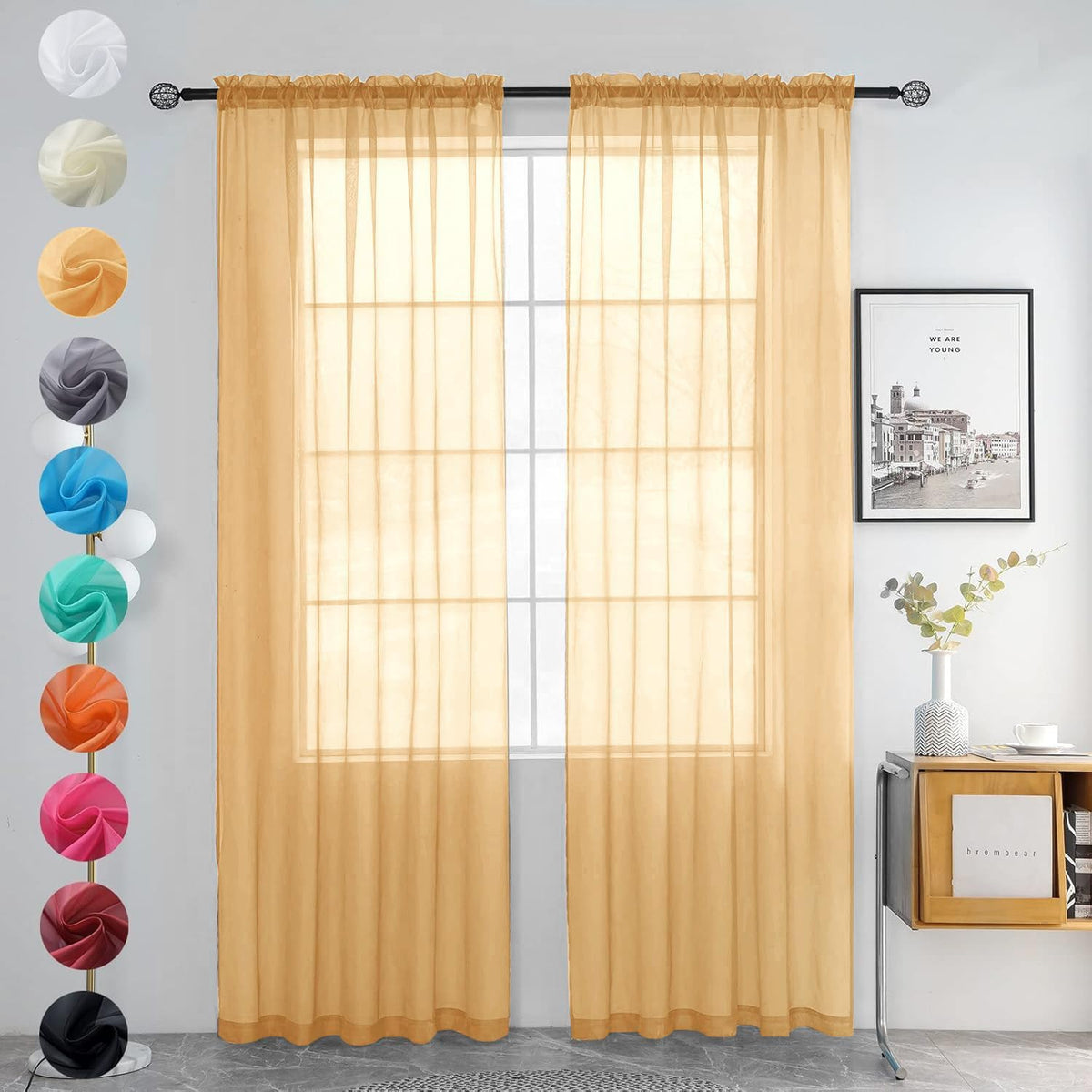 youleyar Solid Sheer Rod Pocket Curtain Voile Draperies 2 Panels White Beige Black Grey Coffee 52 Inch Width 84 Inch Long 1 Pair for Kitchen Bedroom Children Living Room Yard (Orange,52Wｘ84L)