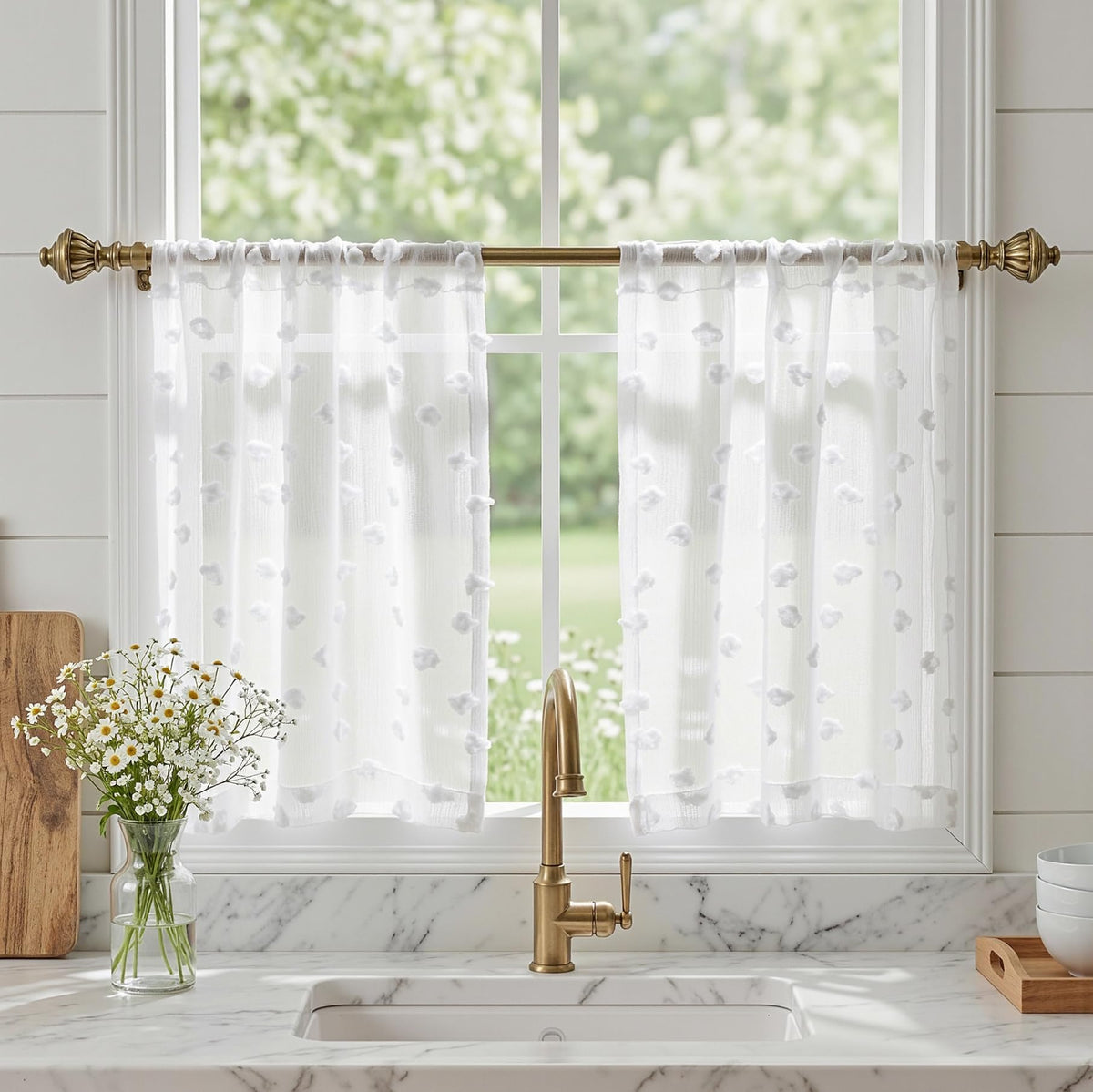MYSKY HOME Beige Boho Sheer Curtains with Cream Pom Pom 50Wx84L,2 Panels