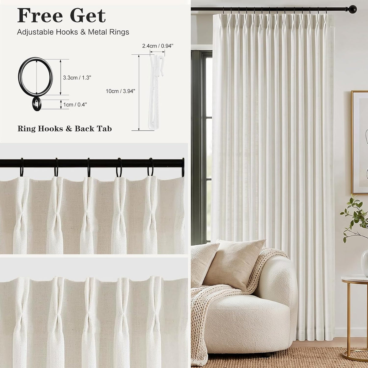 Pinch Pleated Linen Curtains 96 Inches Semi Sheer Light Filtering, 2 Panels