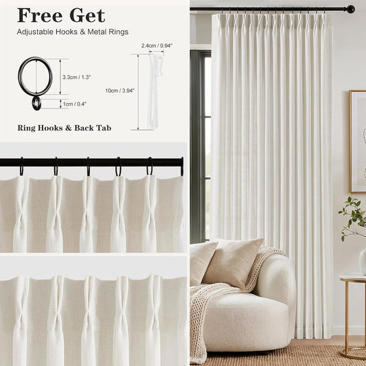 Pinch Pleated Linen Curtains 96 Inches Semi Sheer Light Filtering, 2 Panels