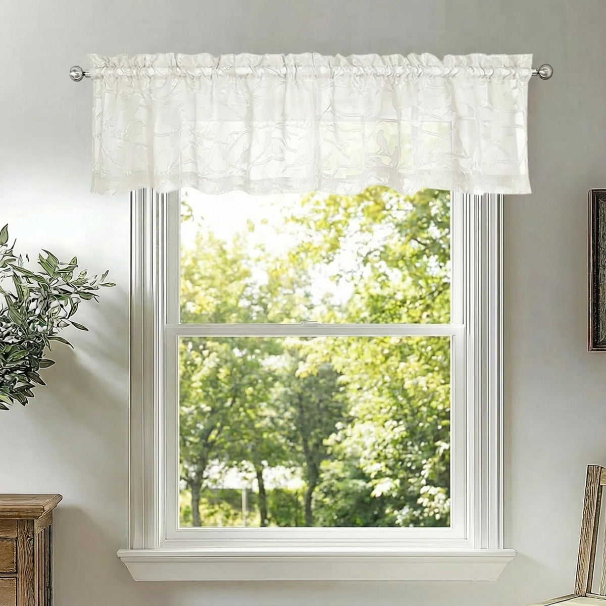 OVZME Sage Green Sheer Curtains 63 Inch Length 2 Panel Set, Light Filtering Bedroom Curtains with Dual Rod Pocket Top, Leaf Bird Clip Jacquard Sheer Farmhouse Window Drapes for Living Room, 2x38Wx63L