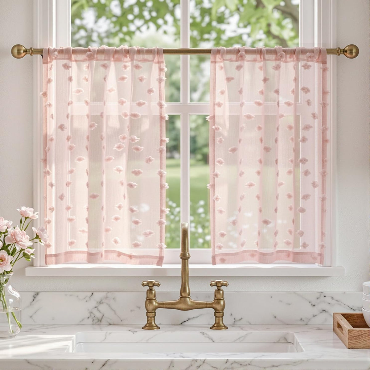 MYSKY HOME Beige Boho Sheer Curtains with Cream Pom Pom 50Wx84L,2 Panels
