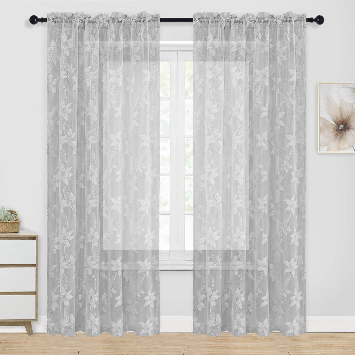 DWCN White Sheer Curtains - Short Curtains Floral Lace Design Rod Pocket Window Voile Sheer Drapes for Bedroom Kitchen Small Window 42 x 54 inch Length, 2 Panels White