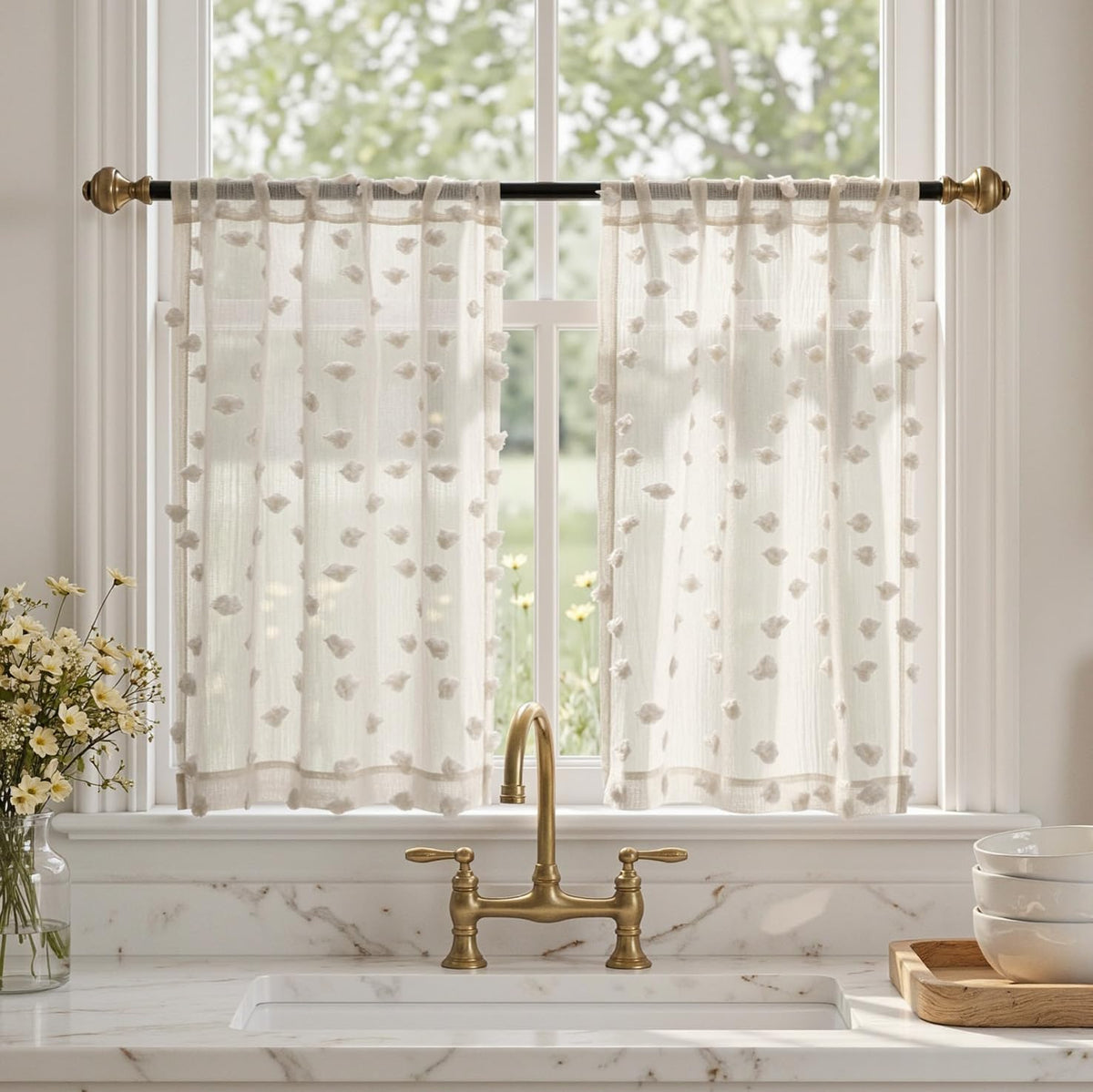 MYSKY HOME Beige Boho Sheer Curtains with Cream Pom Pom 50Wx84L,2 Panels