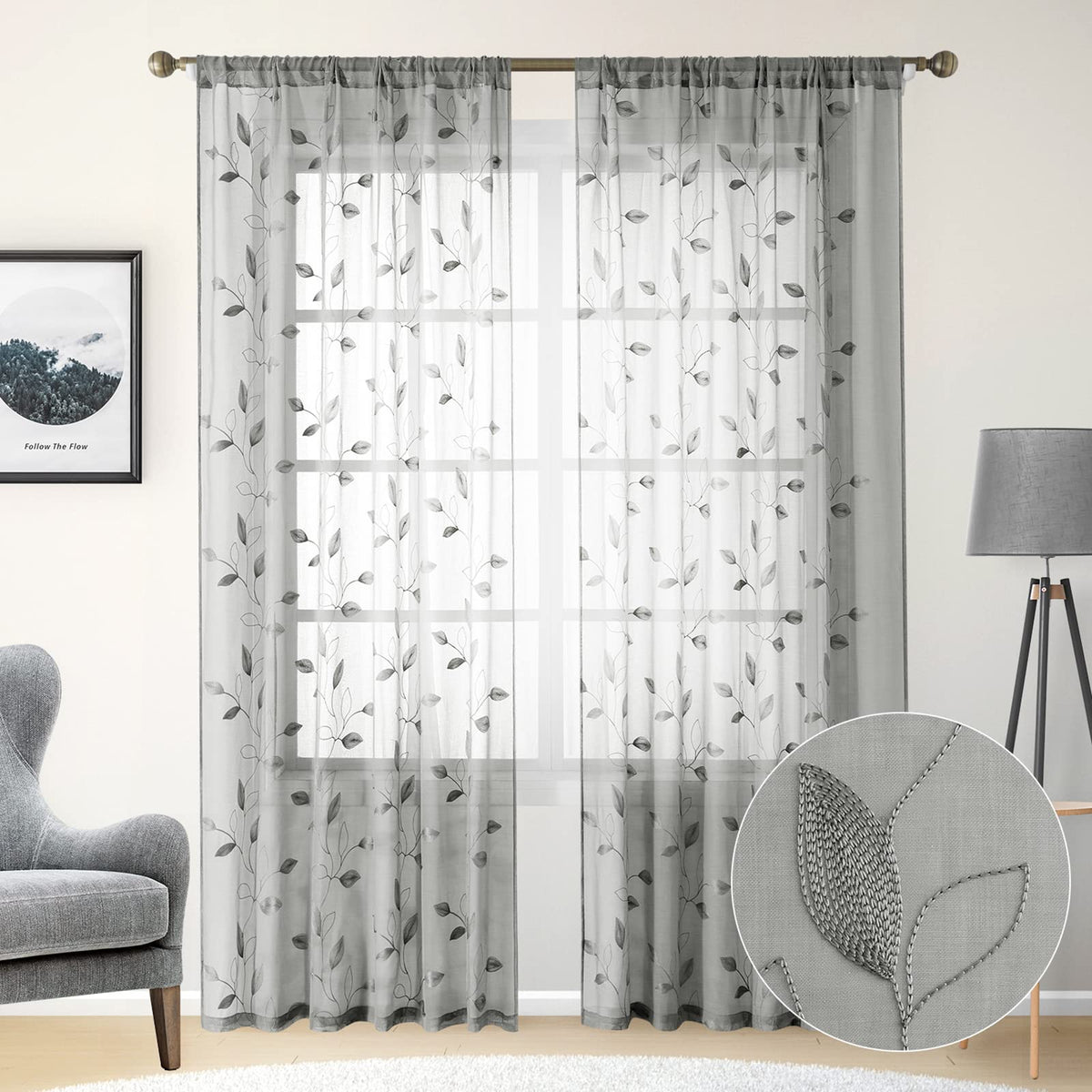 HOMEIDEAS Sage Green Sheer Curtains Leaf Embroidered, 52x84 Inch, 2 Panels