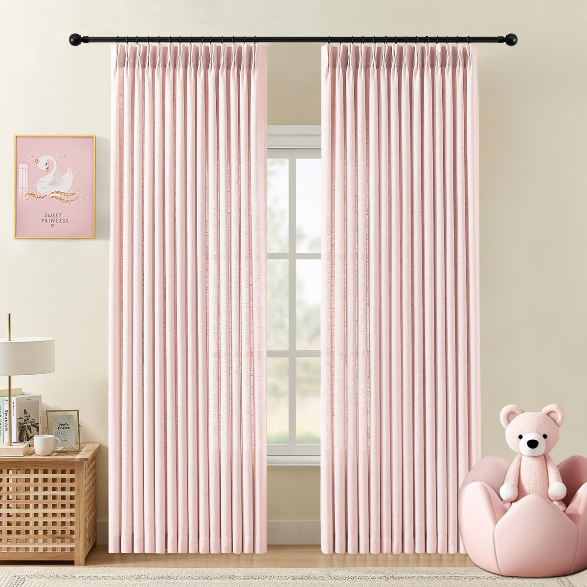 Pinch Pleated Linen Curtains 96 Inches Semi Sheer Light Filtering, 2 Panels