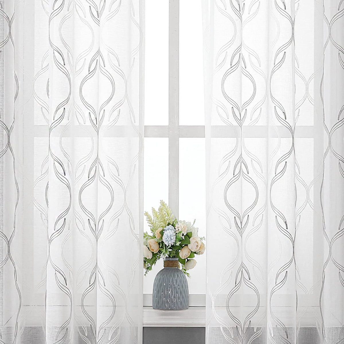 VISIONTEX White Sheer Curtains Grey Moroccan Embroidered 63 Inch Length
