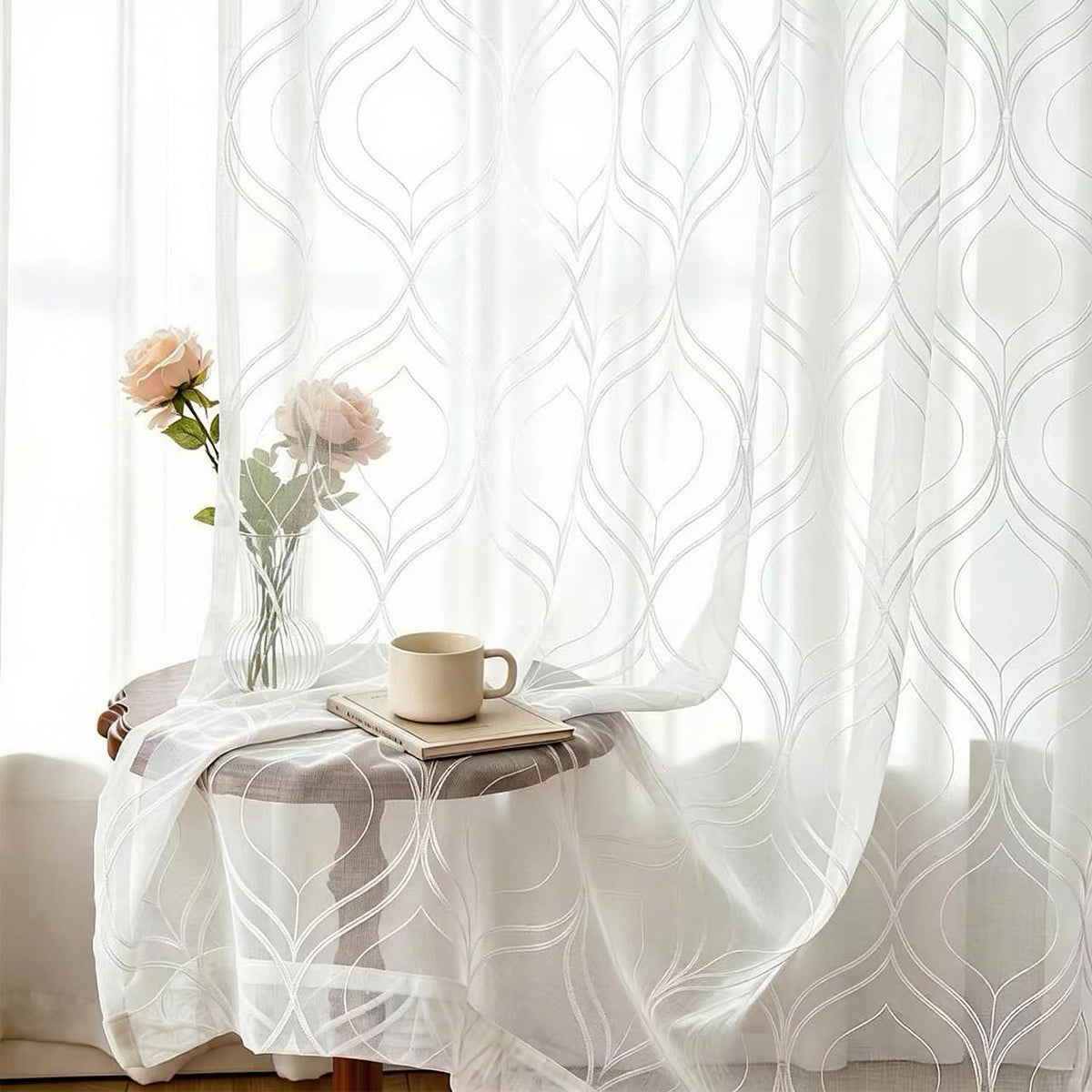 VISIONTEX White Sheer Curtains Grey Moroccan Embroidered 63 Inch Length