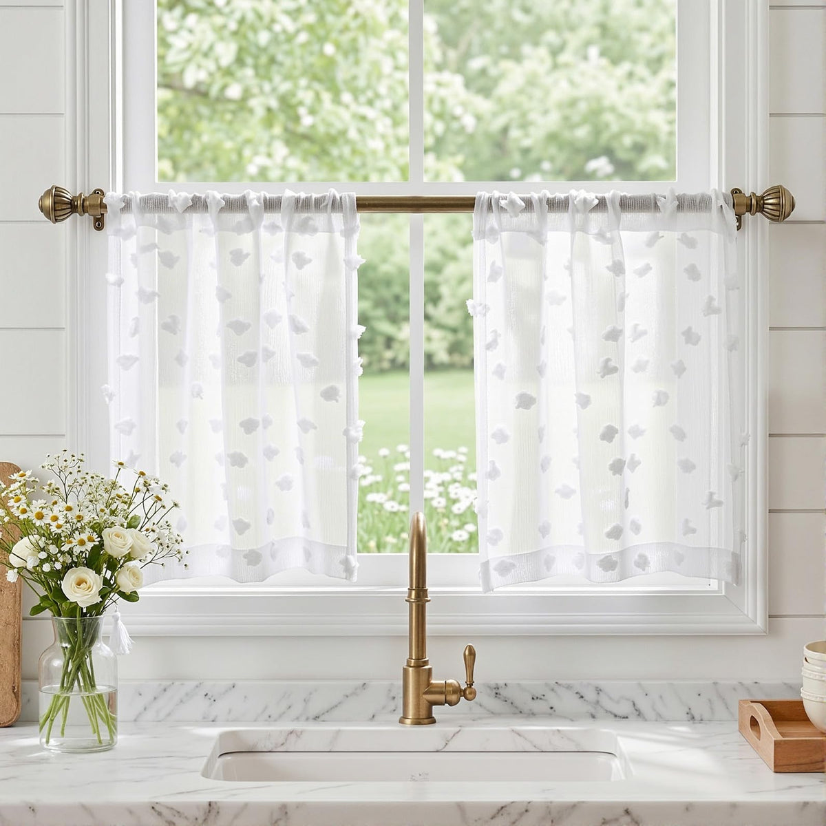MYSKY HOME Beige Boho Sheer Curtains with Cream Pom Pom 50Wx84L,2 Panels