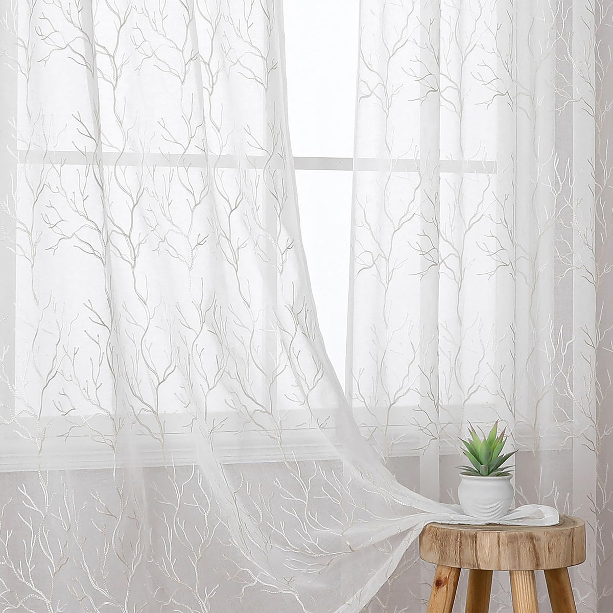 VISIONTEX Sheer Curtains Boho Leaf Floral Embroidered Cream Beige 54Wx84L