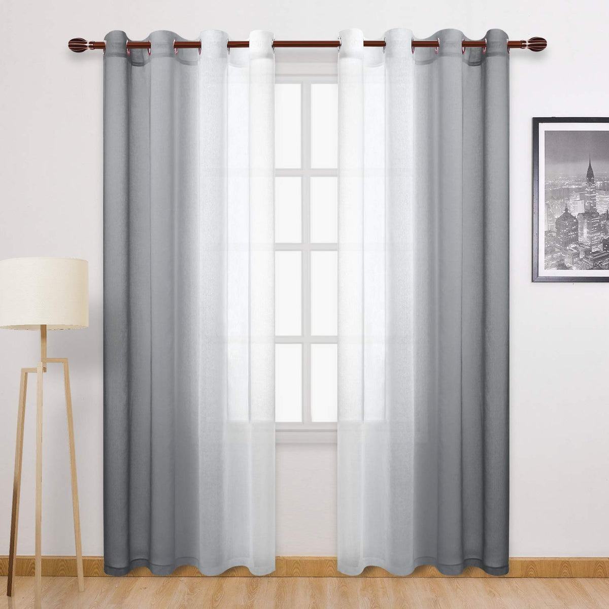 DWCN Blue Linen Ombre Sheer Curtains - Semi Voile Gradient Grommet Top Curtains for Bedroom and Living Room, Set of 2 Window Curtain Panels, 52 x 84 Inches Long, Denim Blue