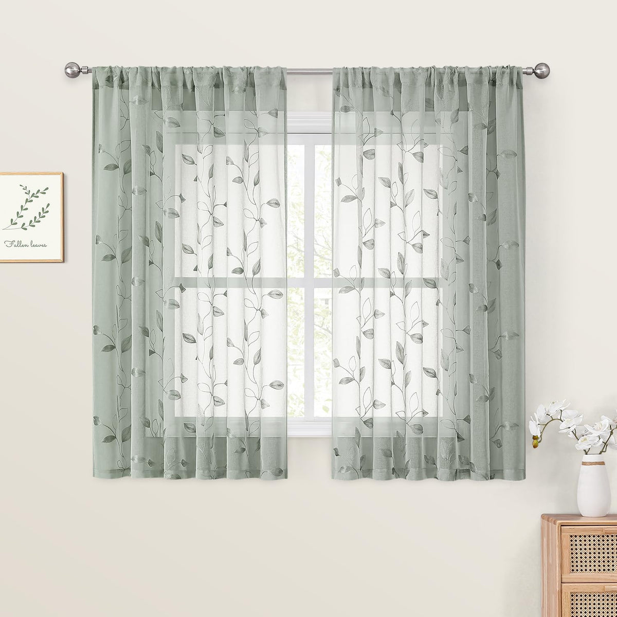 HOMEIDEAS Sage Green Sheer Curtains Leaf Embroidered, 52x84 Inch, 2 Panels