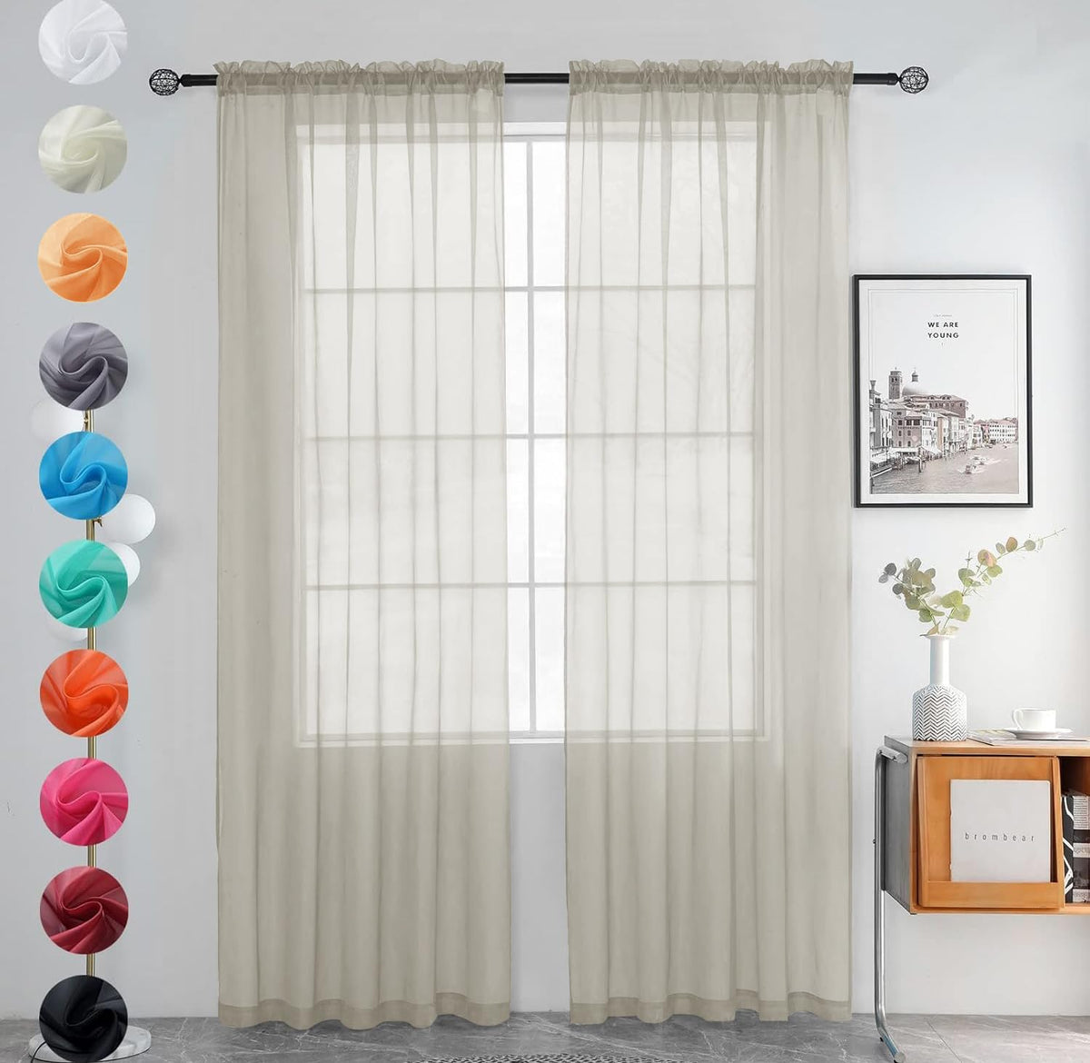 youleyar Solid Sheer Rod Pocket Curtain Voile Draperies 2 Panels White Beige Black Grey Coffee 52 Inch Width 84 Inch Long 1 Pair for Kitchen Bedroom Children Living Room Yard (Orange,52Wｘ84L)