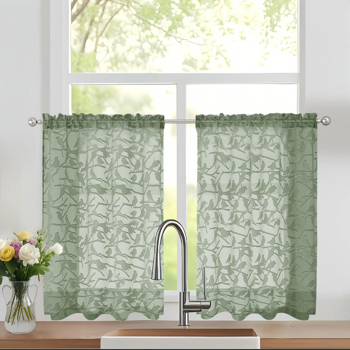 OVZME Sage Green Sheer Curtains 63 Inch Length 2 Panel Set, Light Filtering Bedroom Curtains with Dual Rod Pocket Top, Leaf Bird Clip Jacquard Sheer Farmhouse Window Drapes for Living Room, 2x38Wx63L
