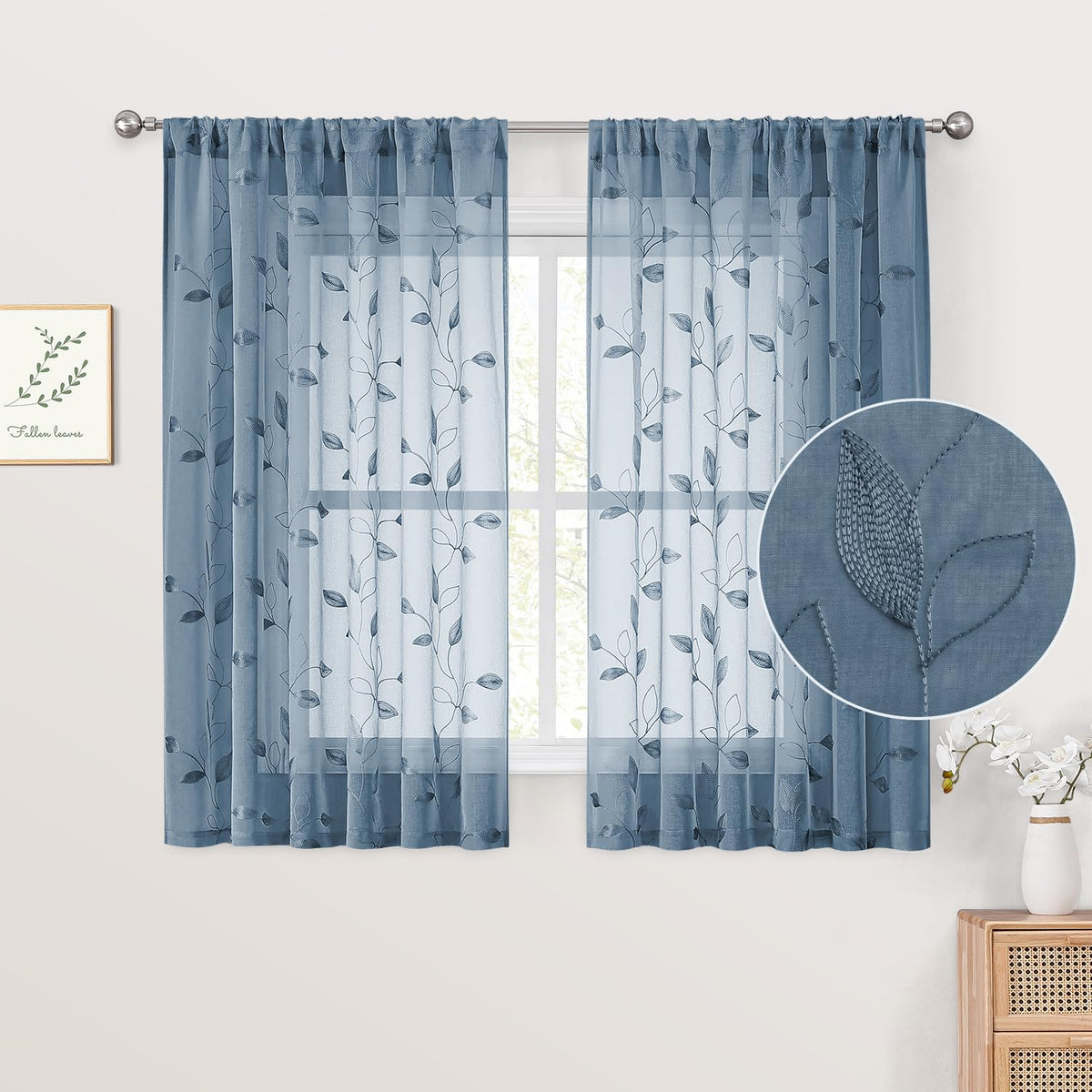 HOMEIDEAS Sage Green Sheer Curtains Leaf Embroidered, 52x84 Inch, 2 Panels